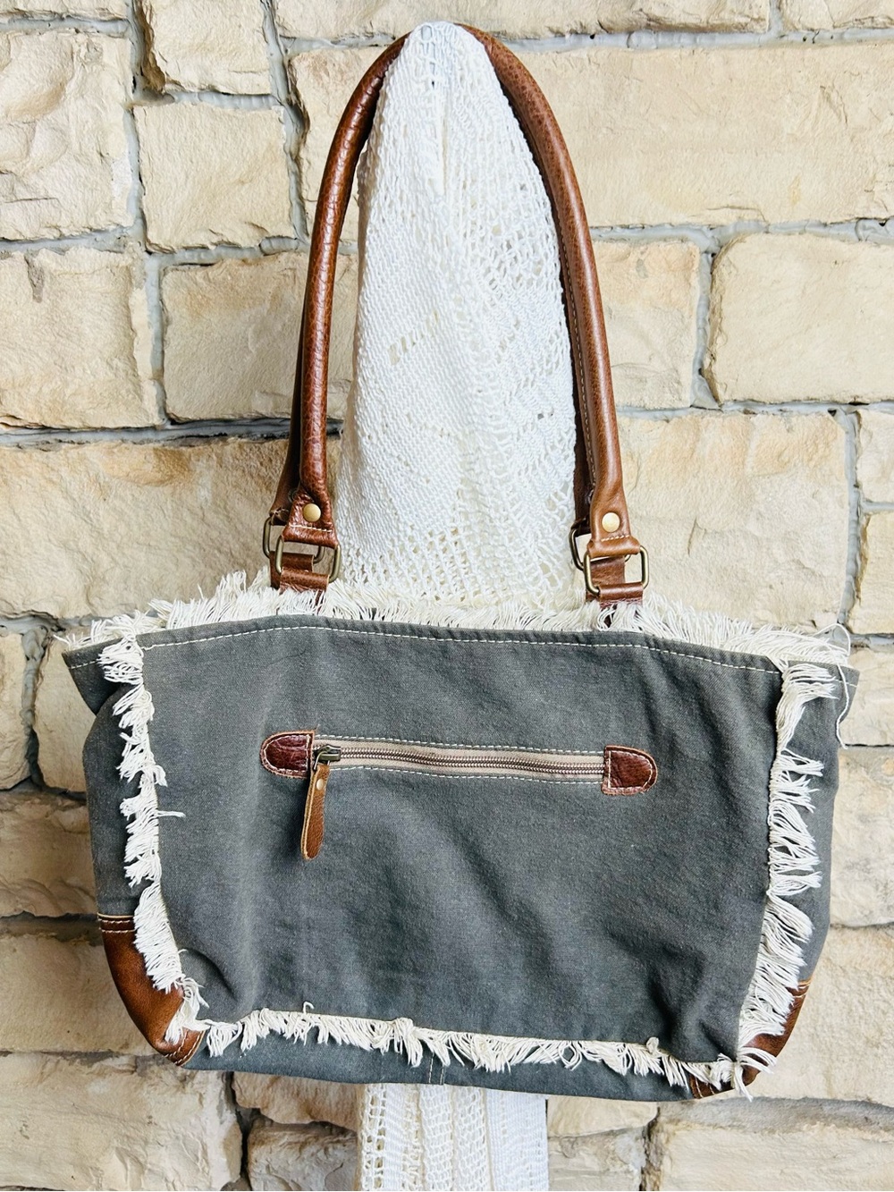 Myra Bag -Canvas and Leather Gray-Tan Tote Bag with Cream Pattern - Picture 2 of 5